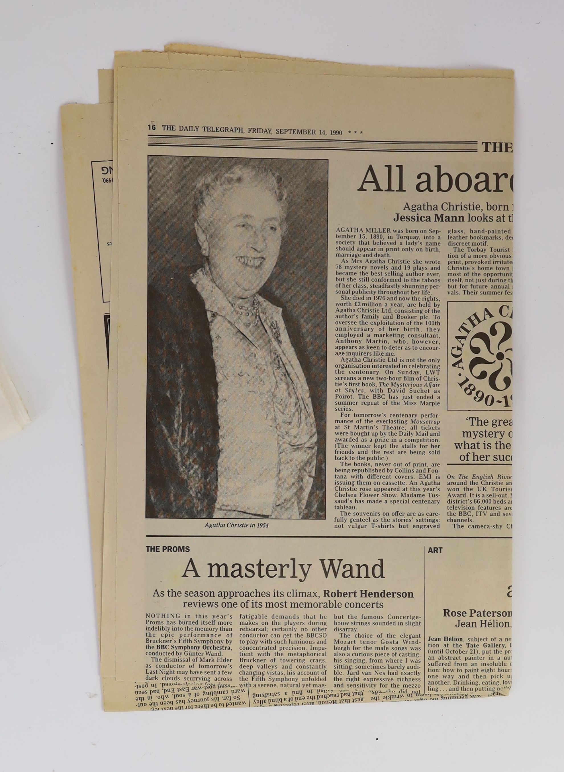 Two copies of ‘’The Agatha Centenary’’ newspaper, dated Thursday, September, 5th & 6th, 1990, and ‘’The Agatha Bygones’’ newspaper